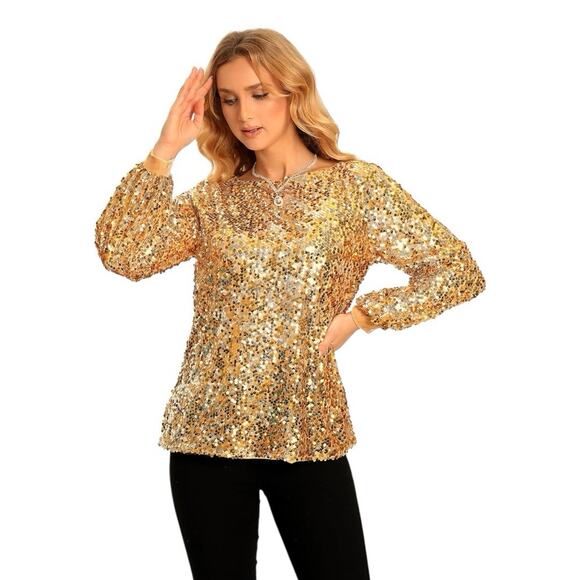 Thankpearl Gold Blouse Sequin Womens XL Sparkly Party Glam Boatneck Long Sleeve - Picture 1 of 8